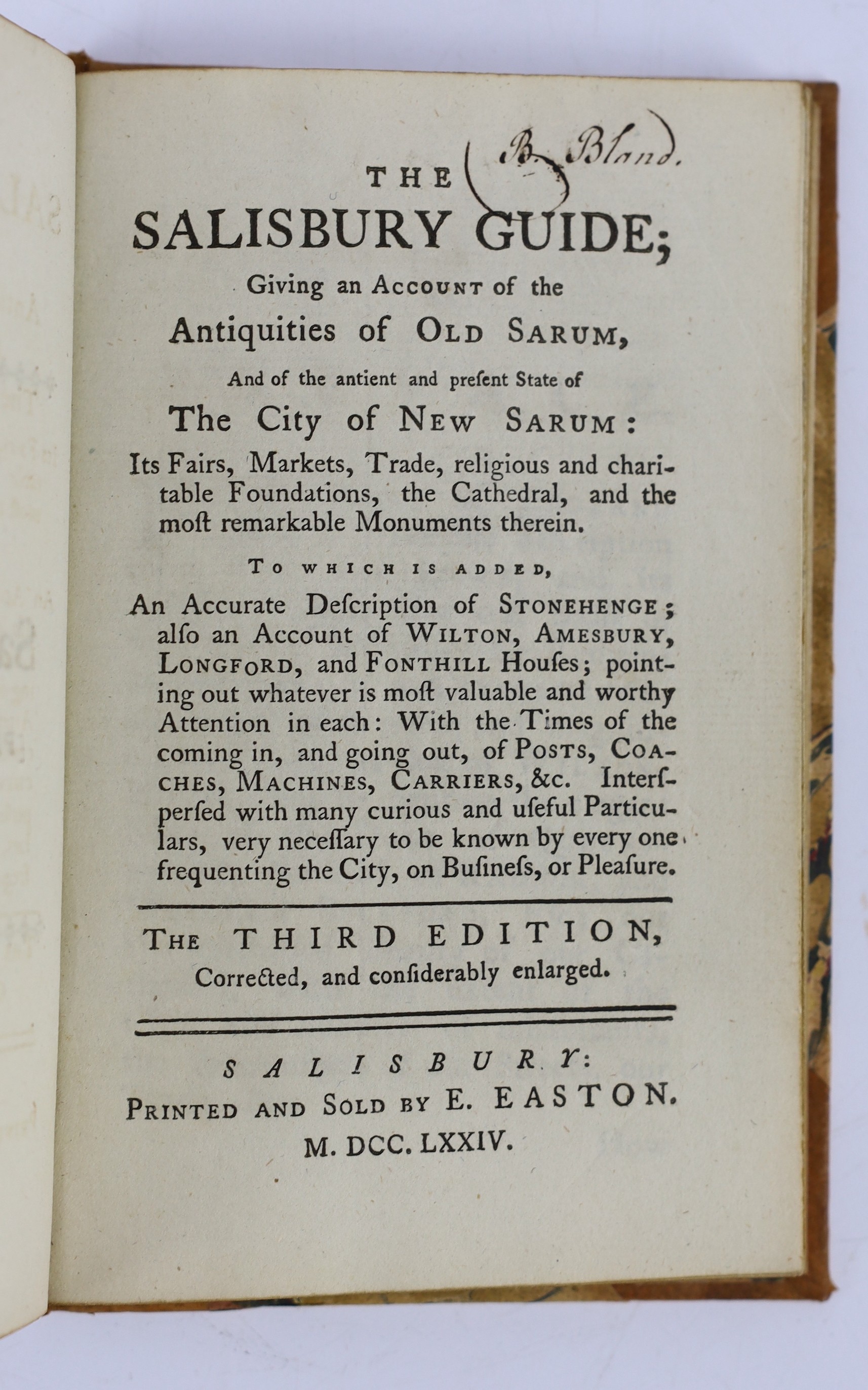 WILTS: The Salisbury Guide ... the Antiquities of Old Sarum, and of ... the City of New Sarum ... 3rd edition, corrected and considerably enlarged. half title, rebound half calf and marbled boards